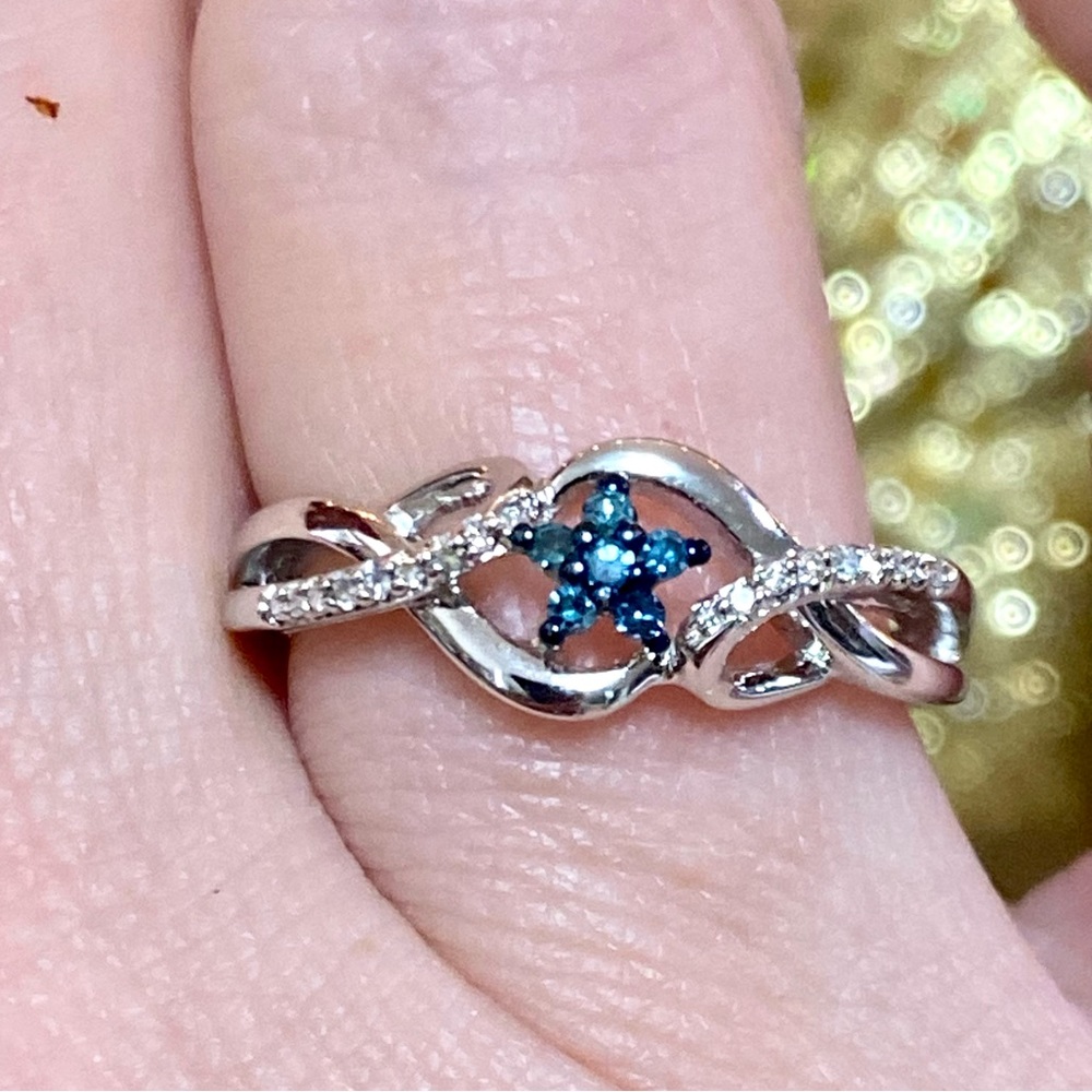 Genuine Blue & White Diamond Flower Infinity Swirl Ring in 925 Sterling Silver